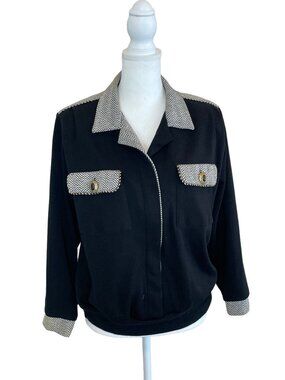 Vintage Black Herringbone Blazer Jacket Button-Up Pockets 3/4 Sleeves Amy Jess